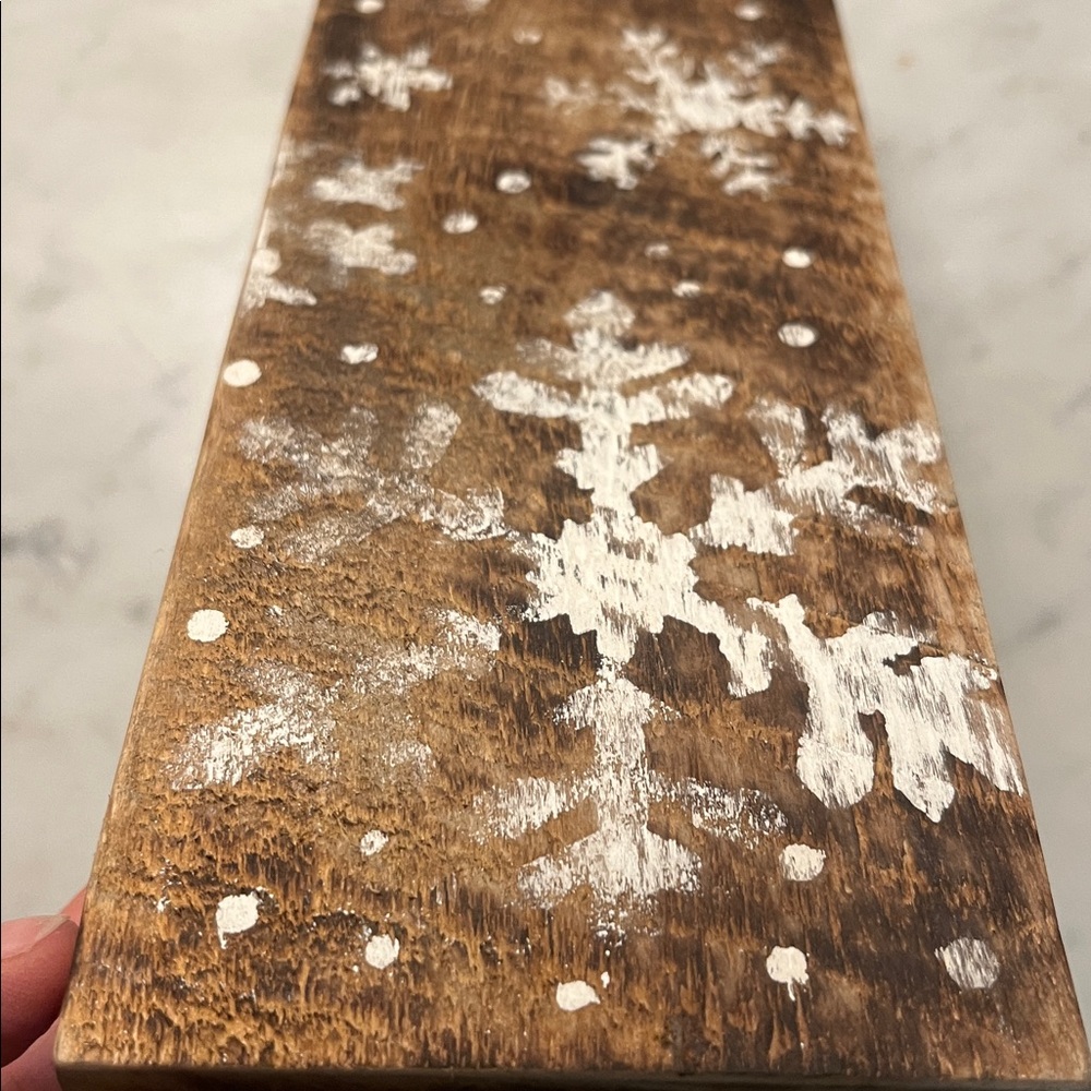 Rustic Wooden Riser Display Tray With Snowflakes Handmade Reclaimed Wood - Picture 7 of 9